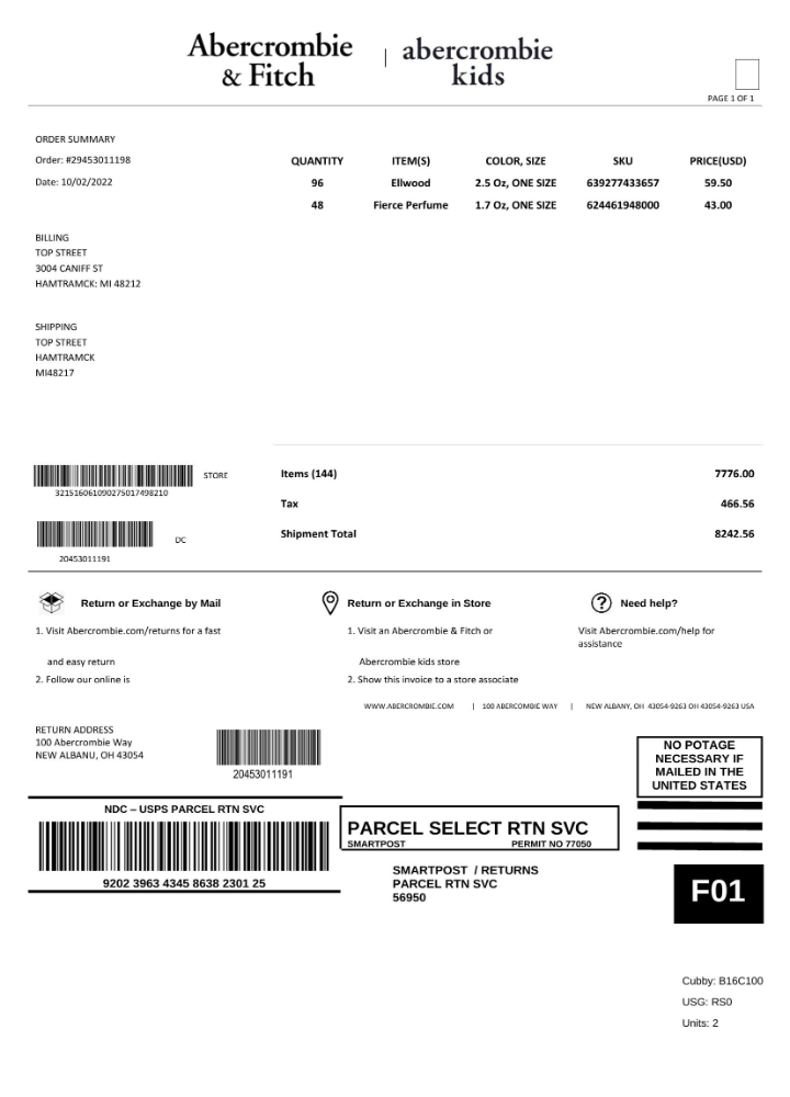 USA Abercrombie & Fitch invoice template in Word and PDF format, fully editable